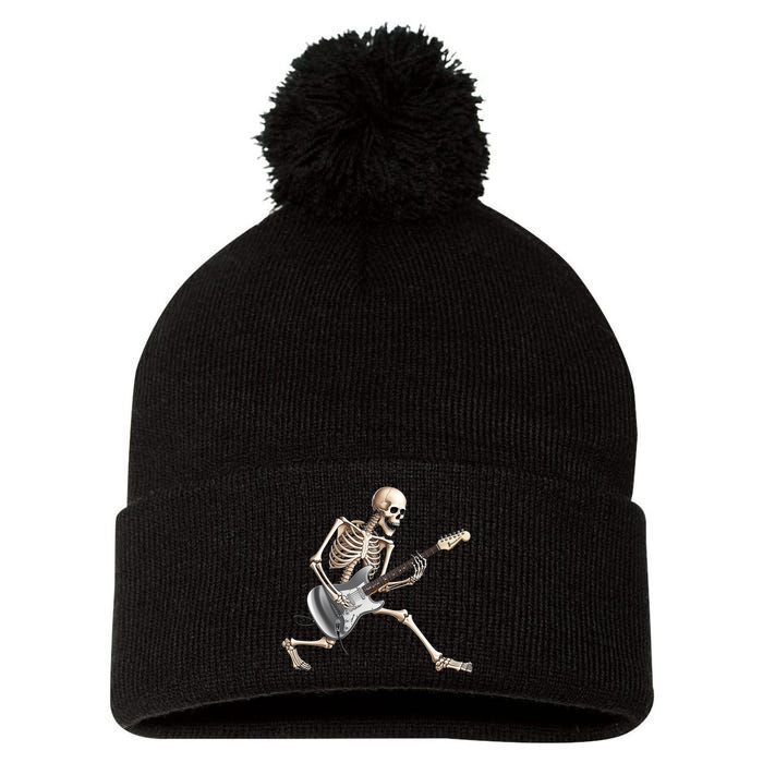 Skeleton Playing Guitar Rock And Roll Band Graphic Pom Pom 12in Knit Beanie