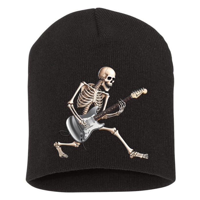 Skeleton Playing Guitar Rock And Roll Band Graphic Short Acrylic Beanie