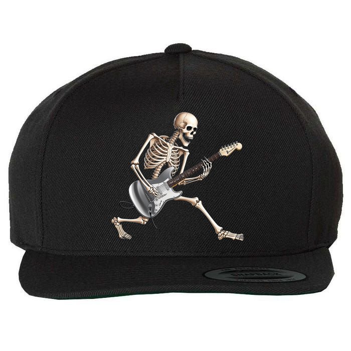 Skeleton Playing Guitar Rock And Roll Band Graphic Wool Snapback Cap