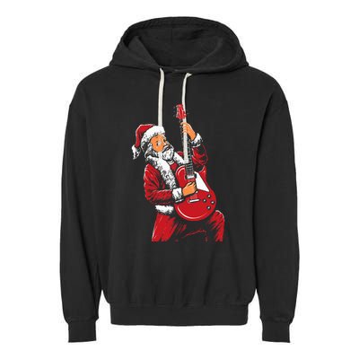 Santa Playing Guitar Christmas Pajama Musician Guitarist Garment-Dyed Fleece Hoodie