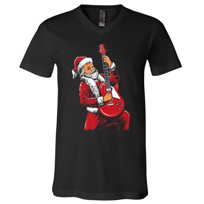 Santa Playing Guitar Christmas Pajama Musician Guitarist V-Neck T-Shirt