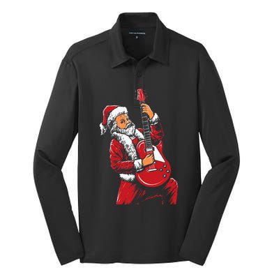 Santa Playing Guitar Christmas Pajama Musician Guitarist Silk Touch Performance Long Sleeve Polo