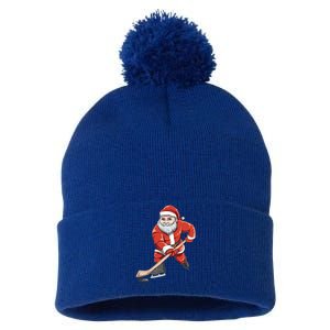 Santa Playing Hockey Christmas Gift For Hockey Players Gift Pom Pom 12in Knit Beanie