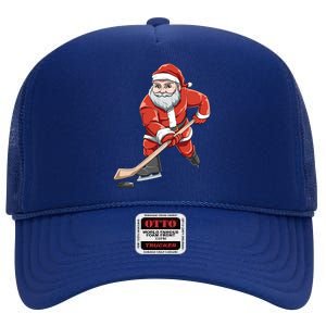 Santa Playing Hockey Christmas Gift For Hockey Players Gift High Crown Mesh Back Trucker Hat