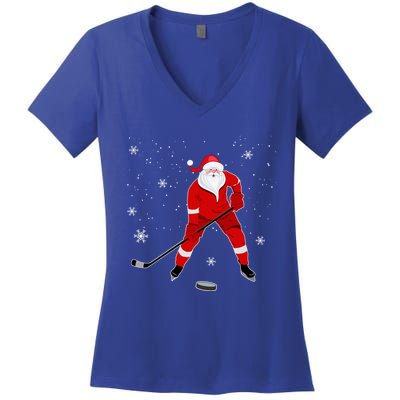 Santa Playing Hockey Christmas Gift For Hockey Players Gift Women's V-Neck T-Shirt