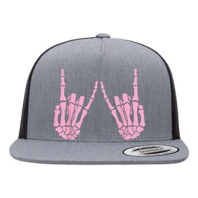 Skeleton Pink Hand Gestures Halloween Rock Skeleton Hands Flat Bill Trucker Hat