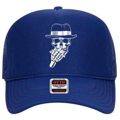 Skeleton Playing Harmonica Blues Musician Mouth Organ Player High Crown Mesh Back Trucker Hat