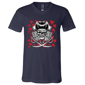 Skull Pirate Hearts Valentines Day Cute Jolly Roger Boy V-Neck T-Shirt