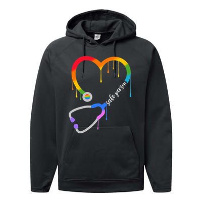 Safe Person Heart Stethoscope Nurse CNA Doctor LGBTQ Ally Performance Fleece Hoodie