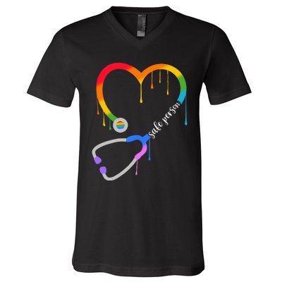 Safe Person Heart Stethoscope Nurse CNA Doctor LGBTQ Ally V-Neck T-Shirt