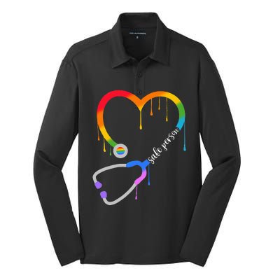 Safe Person Heart Stethoscope Nurse CNA Doctor LGBTQ Ally Silk Touch Performance Long Sleeve Polo