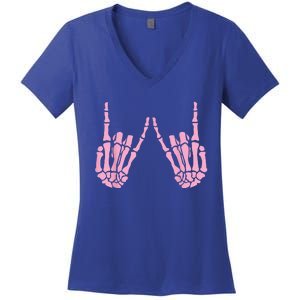 Skeleton Pink Hand Gestures Halloween Rock Skeleton Hands Women's V-Neck T-Shirt