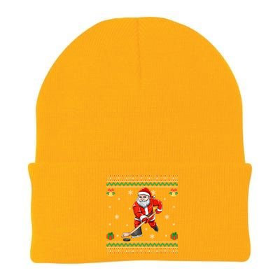 Santa Playing Hockey Sports Ugly Ice Hockey Christmas Funny Gift Knit Cap Winter Beanie