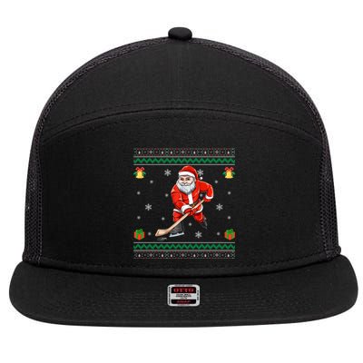 Santa Playing Hockey Sports Ugly Ice Hockey Christmas Funny Gift 7 Panel Mesh Trucker Snapback Hat