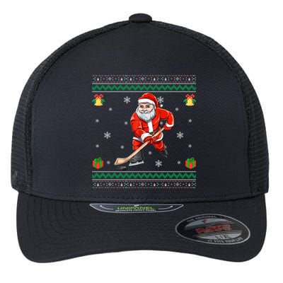 Santa Playing Hockey Sports Ugly Ice Hockey Christmas Funny Gift Flexfit Unipanel Trucker Cap