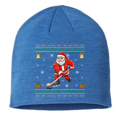 Santa Playing Hockey Sports Ugly Ice Hockey Christmas Funny Gift Sustainable Beanie