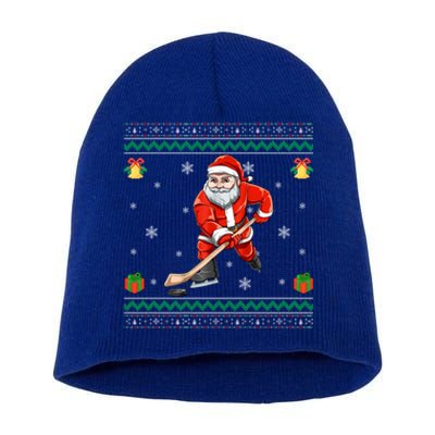 Santa Playing Hockey Sports Ugly Ice Hockey Christmas Funny Gift Short Acrylic Beanie