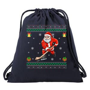 Santa Playing Hockey Sports Ugly Ice Hockey Christmas Funny Gift Drawstring Bag