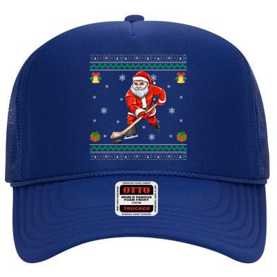 Santa Playing Hockey Sports Ugly Ice Hockey Christmas Funny Gift High Crown Mesh Back Trucker Hat