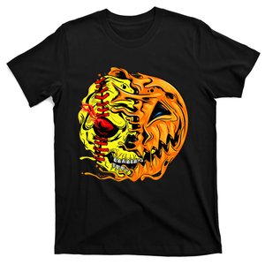 Softball Player Halloween Pumpkin Skeleton Skull T-Shirt