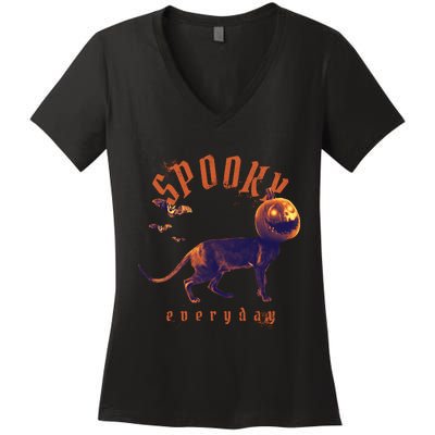 Spooky Pumpkin Head Dog Funny Halloween Women's V-Neck T-Shirt