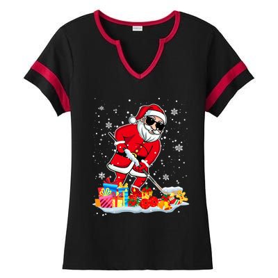 Santa Playing Hockey Cool Christmas Santa Hockey Player Gift Ladies Halftime Notch Neck Tee