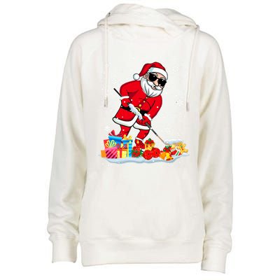 Santa Playing Hockey Cool Christmas Santa Hockey Player Gift Womens Funnel Neck Pullover Hood