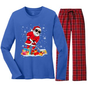 Santa Playing Hockey Cool Christmas Santa Hockey Player Gift Women's Long Sleeve Flannel Pajama Set 