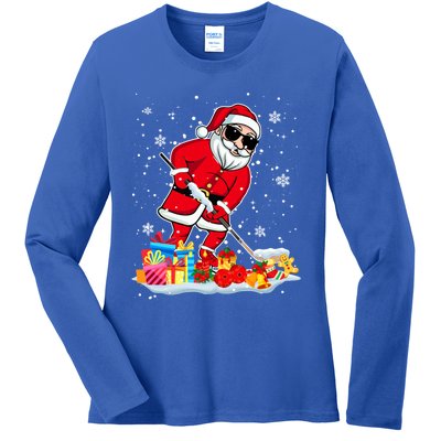 Santa Playing Hockey Cool Christmas Santa Hockey Player Gift Ladies Long Sleeve Shirt