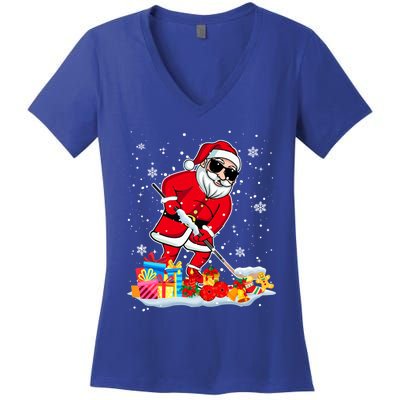 Santa Playing Hockey Cool Christmas Santa Hockey Player Gift Women's V-Neck T-Shirt