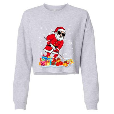 Santa Playing Hockey Cool Christmas Santa Hockey Player Gift Cropped Pullover Crew