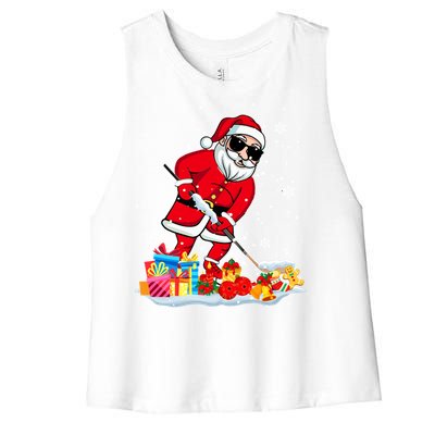 Santa Playing Hockey Cool Christmas Santa Hockey Player Gift Women's Racerback Cropped Tank