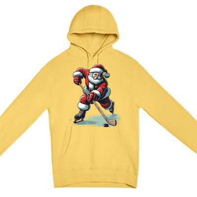 Santa Playing Hockey Pajama Funny Ice Hockey Christmas Gift Premium Pullover Hoodie