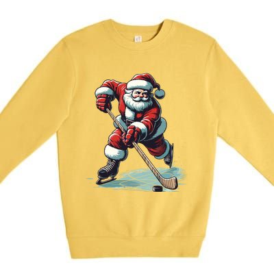 Santa Playing Hockey Pajama Funny Ice Hockey Christmas Gift Premium Crewneck Sweatshirt