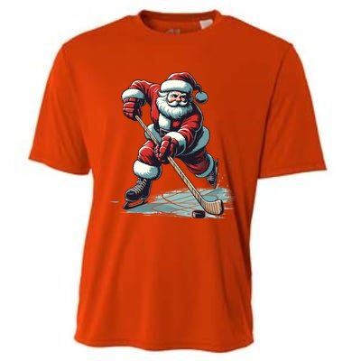 Santa Playing Hockey Pajama Funny Ice Hockey Christmas Gift Cooling Performance Crew T-Shirt