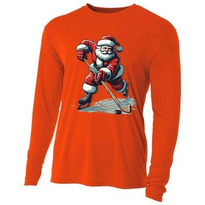 Santa Playing Hockey Pajama Funny Ice Hockey Christmas Gift Cooling Performance Long Sleeve Crew