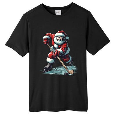 Santa Playing Hockey Pajama Funny Ice Hockey Christmas Gift Tall Fusion ChromaSoft Performance T-Shirt