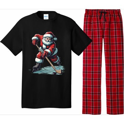 Santa Playing Hockey Pajama Funny Ice Hockey Christmas Gift Pajama Set