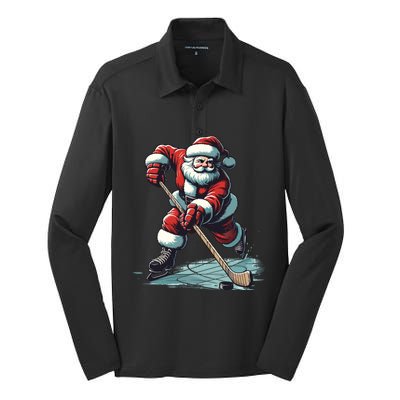 Santa Playing Hockey Pajama Funny Ice Hockey Christmas Gift Silk Touch Performance Long Sleeve Polo