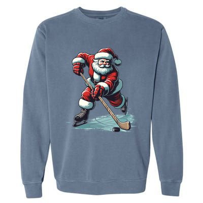 Santa Playing Hockey Pajama Funny Ice Hockey Christmas Gift Garment-Dyed Sweatshirt