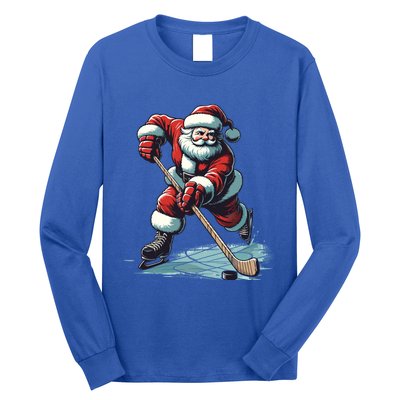 Santa Playing Hockey Pajama Funny Ice Hockey Christmas Gift Long Sleeve Shirt