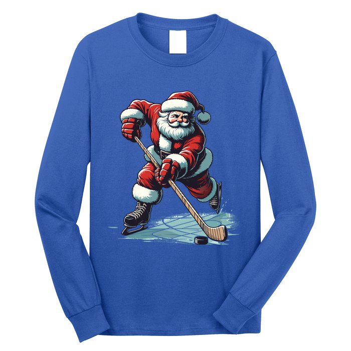 Santa Playing Hockey Pajama Funny Ice Hockey Christmas Gift Long Sleeve Shirt