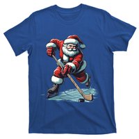 Santa Playing Hockey Pajama Funny Ice Hockey Christmas Gift T-Shirt