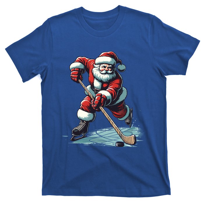 Santa Playing Hockey Pajama Funny Ice Hockey Christmas Gift T-Shirt