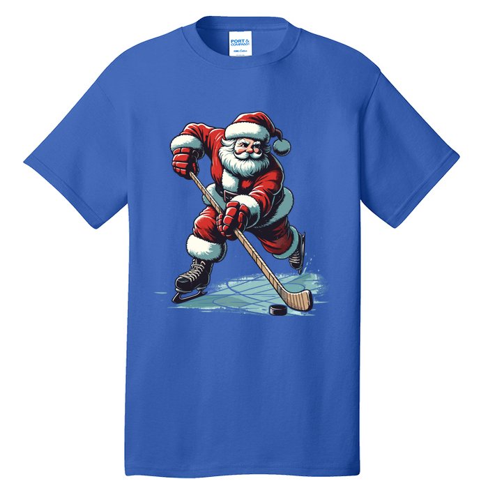 Santa Playing Hockey Pajama Funny Ice Hockey Christmas Gift Tall T-Shirt