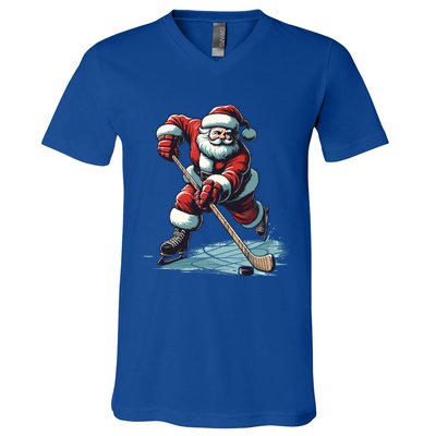 Santa Playing Hockey Pajama Funny Ice Hockey Christmas Gift V-Neck T-Shirt