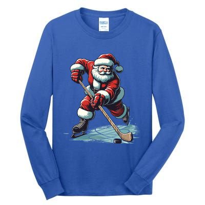 Santa Playing Hockey Pajama Funny Ice Hockey Christmas Gift Tall Long Sleeve T-Shirt