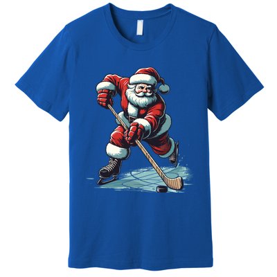 Santa Playing Hockey Pajama Funny Ice Hockey Christmas Gift Premium T-Shirt