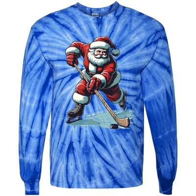 Santa Playing Hockey Pajama Funny Ice Hockey Christmas Gift Tie-Dye Long Sleeve Shirt