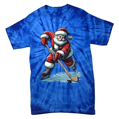 Santa Playing Hockey Pajama Funny Ice Hockey Christmas Gift Tie-Dye T-Shirt